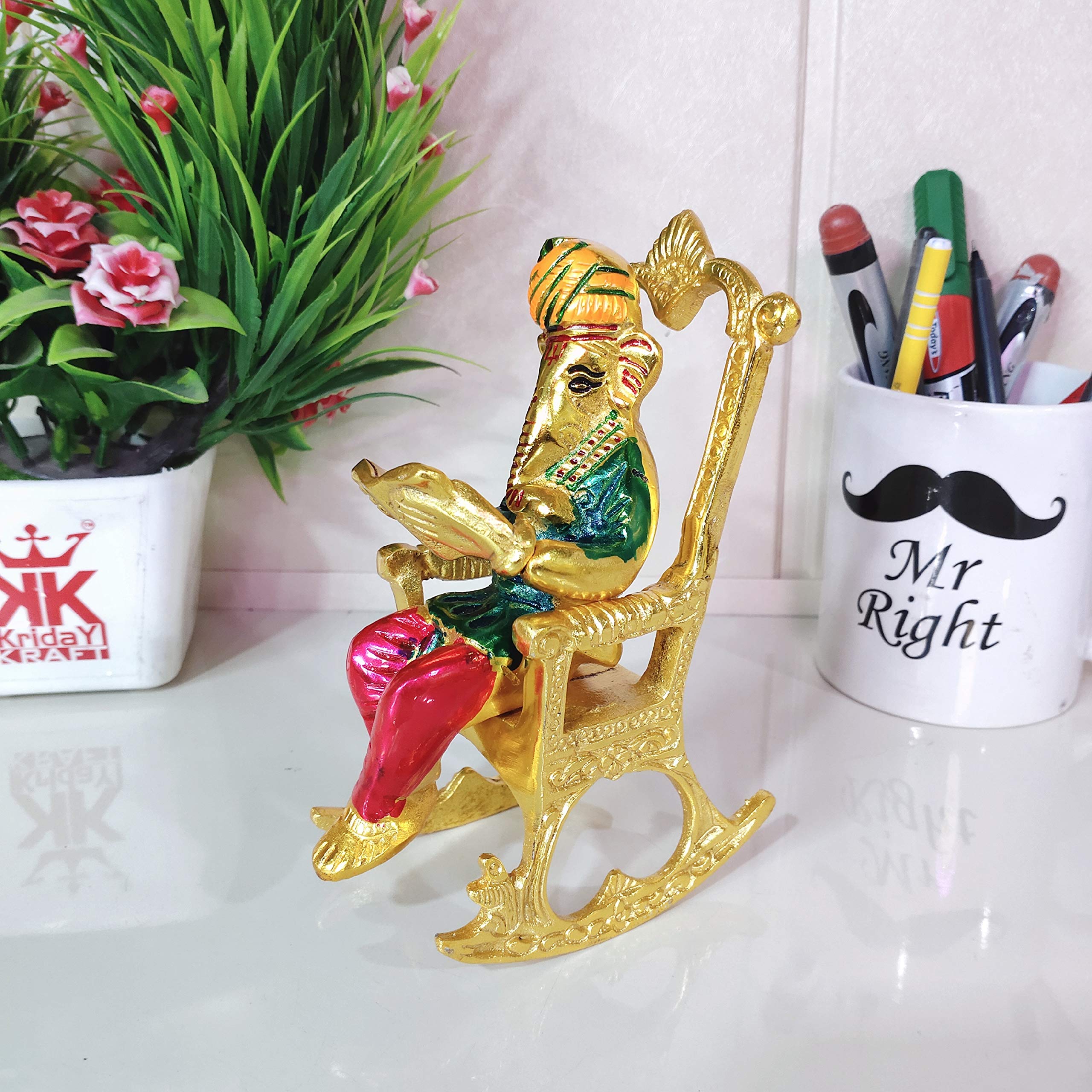 Kridaykraft Metal Chair Ganesh Ji Reading Book With Meenakari Work,Ganesha Metal Statue For Pooja & Home, Office Dcor, Car Dashb